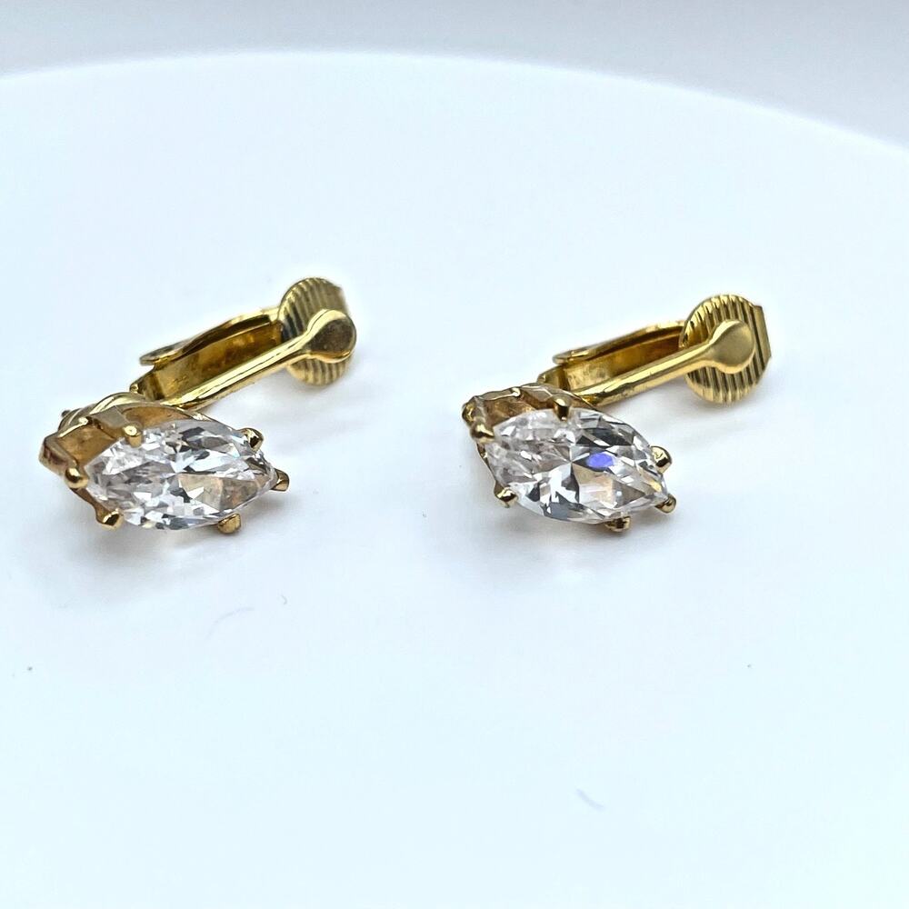Vintage Marquise Crystal Jewelry Gold Tone Pierced Clip On Hybrid Earrings 90s